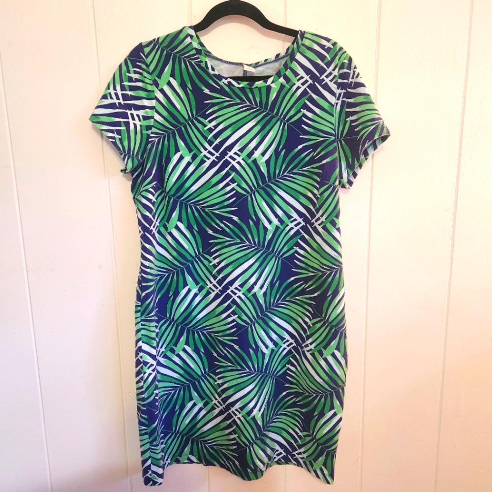 Old Navy Blue Green Palm Leaf Curvy Fit Dress, XL